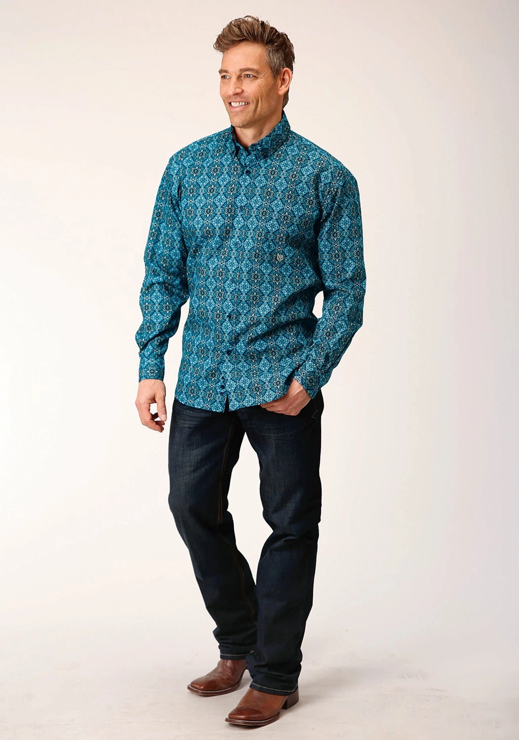 stain resistant coating Roper Mens Gothic Medallion Blue 100% Cotton L/S Shirt