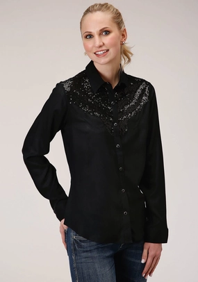 formal dinner Roper Womens Sequin Boyfriend Black 100% Rayon L/S Shirt