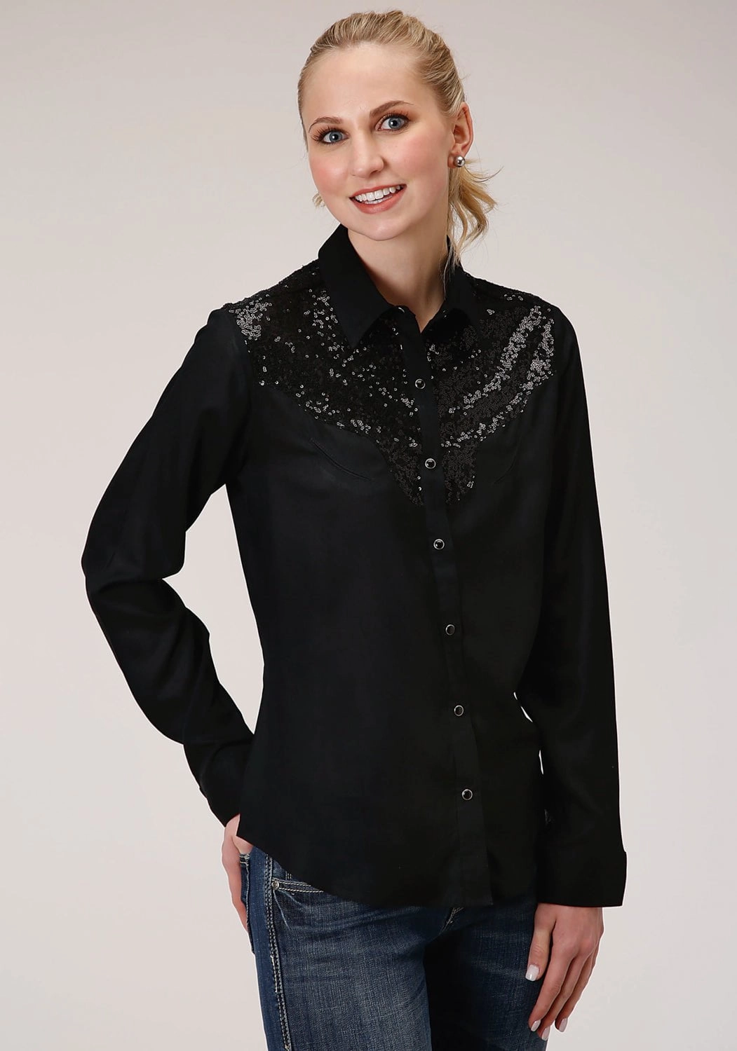 formal dinner Roper Womens Sequin Boyfriend Black 100% Rayon L/S Shirt