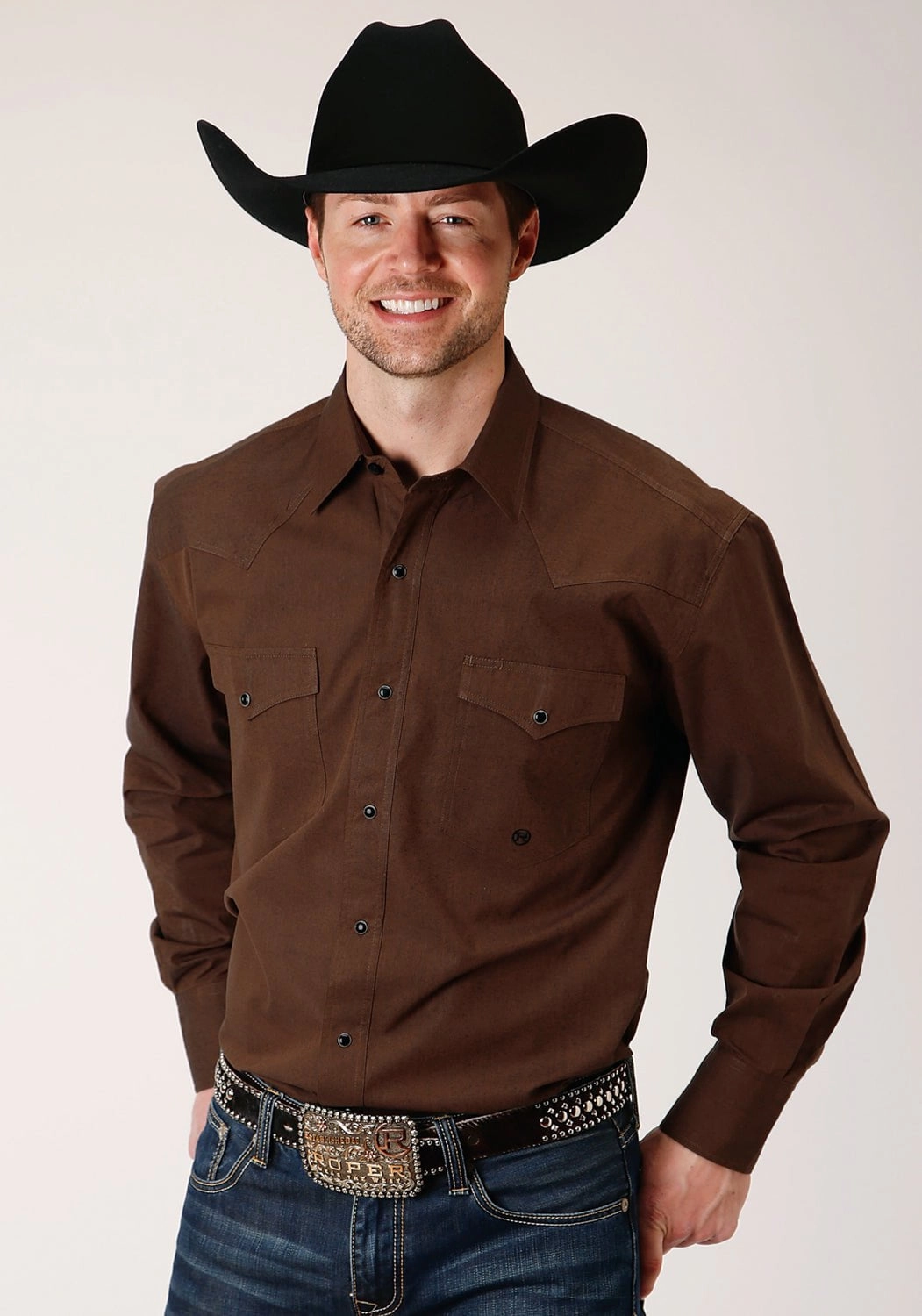Trendy Outfit Roper Mens Brown 100% Cotton Black Fill L/S Snap Shirt