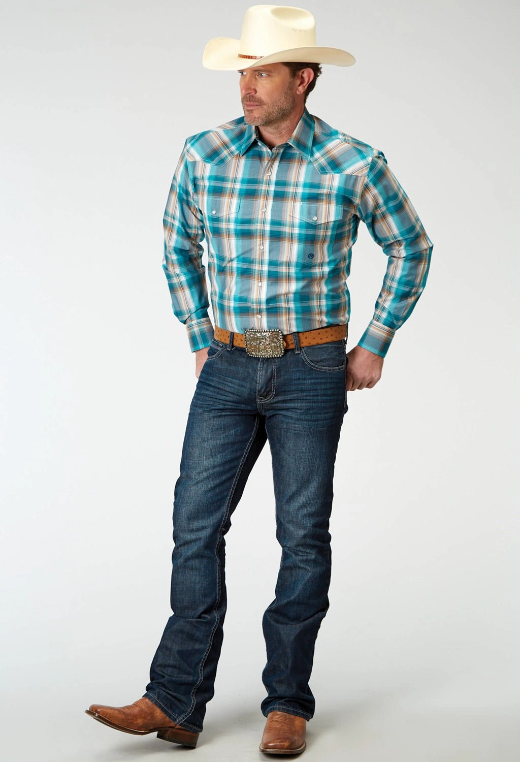 Quick Release Placket Roper Mens Tall Waters Edge Plaid Multi-Color 100% Cotton L/S Shirt