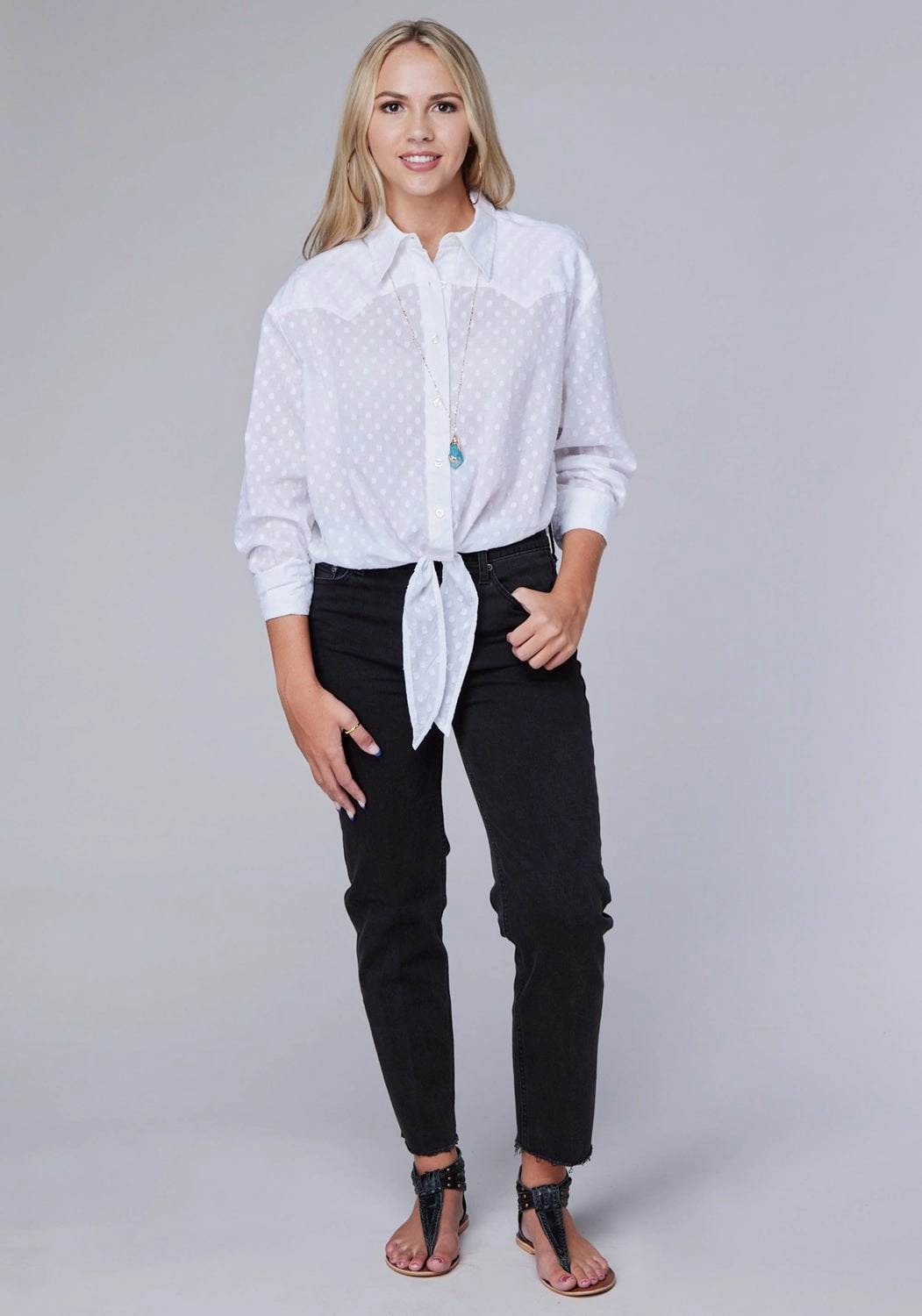 Oversized Fit Roper Womens Retro Swiss Dot White 100% Cotton L/S Blouse