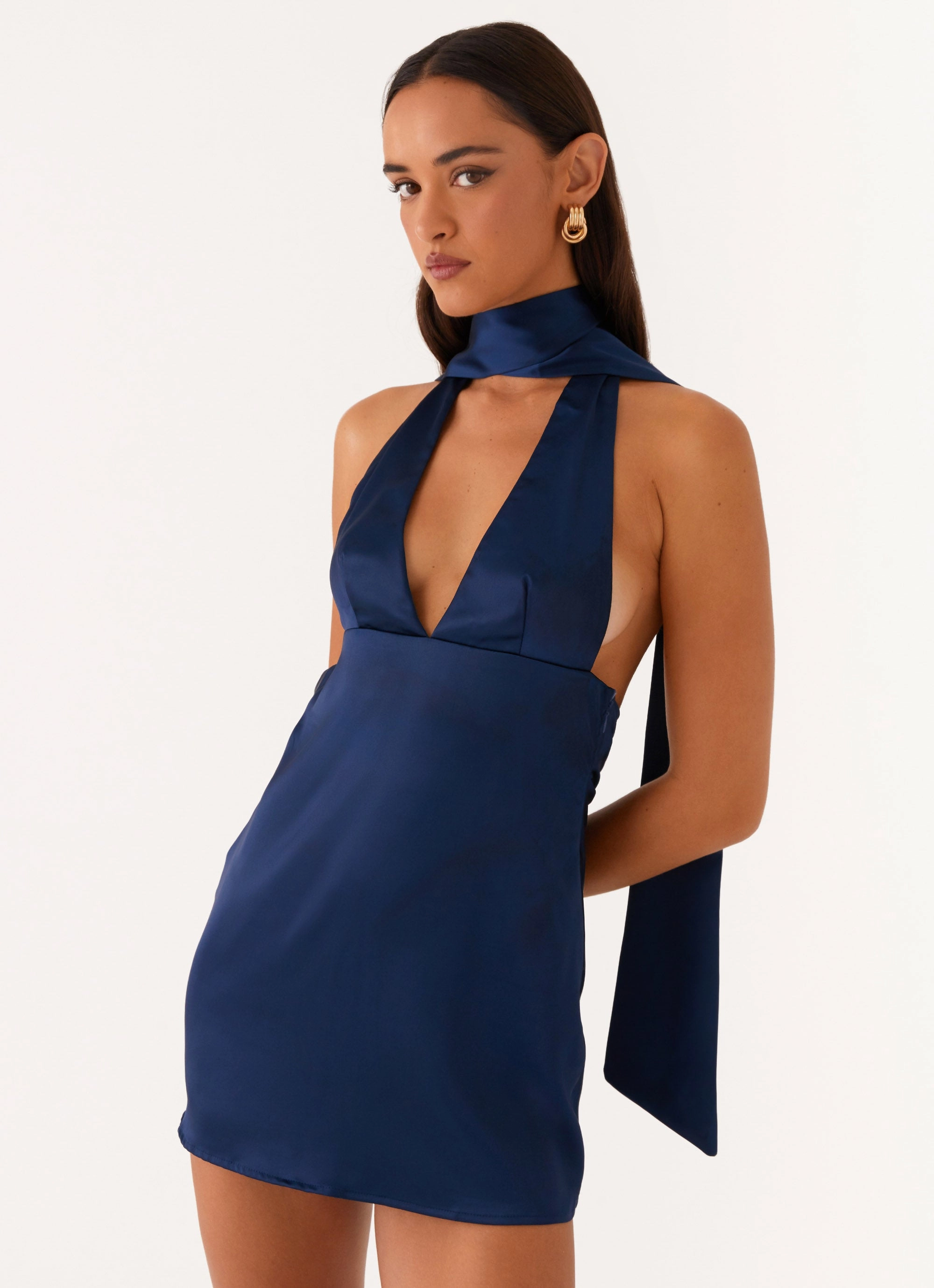 Cold Day Outerwear Alicia Satin Halter Mini Dress - Navy