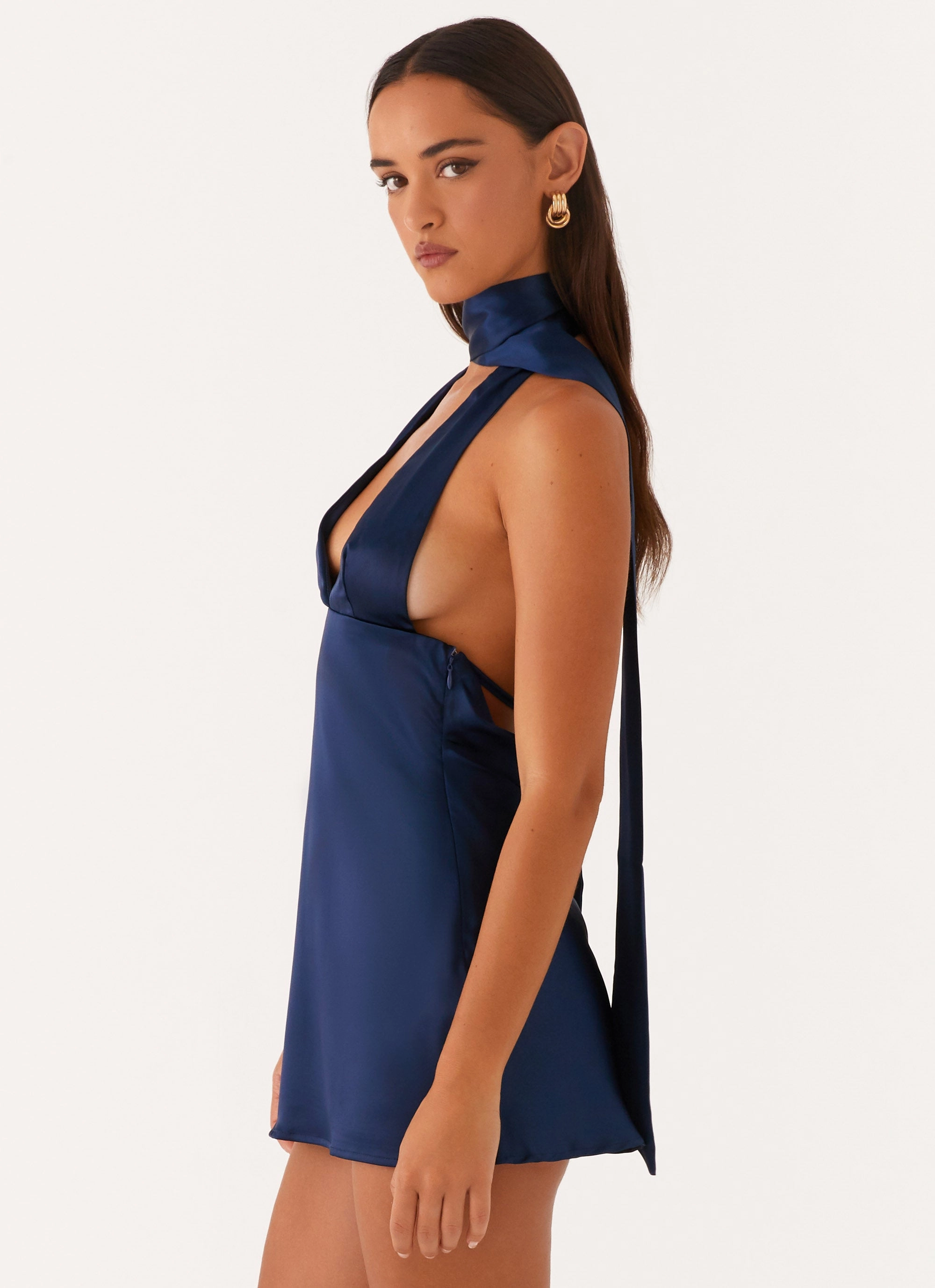 Cozy Jacket Alicia Satin Halter Mini Dress - Navy