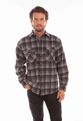 Scully Mens Charcoal/Burgundy Wool Blend Flannel Plaid L/S Shirt Dressy look Lightweight Layers
