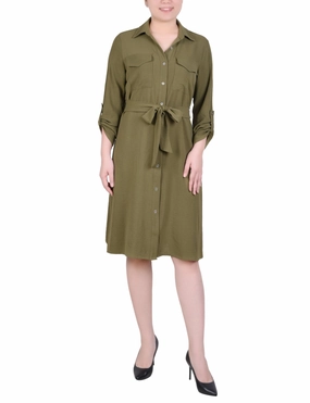 Versatile Edge Skin Hug Petite Long Roll Tab Sleeve Shirtdress
