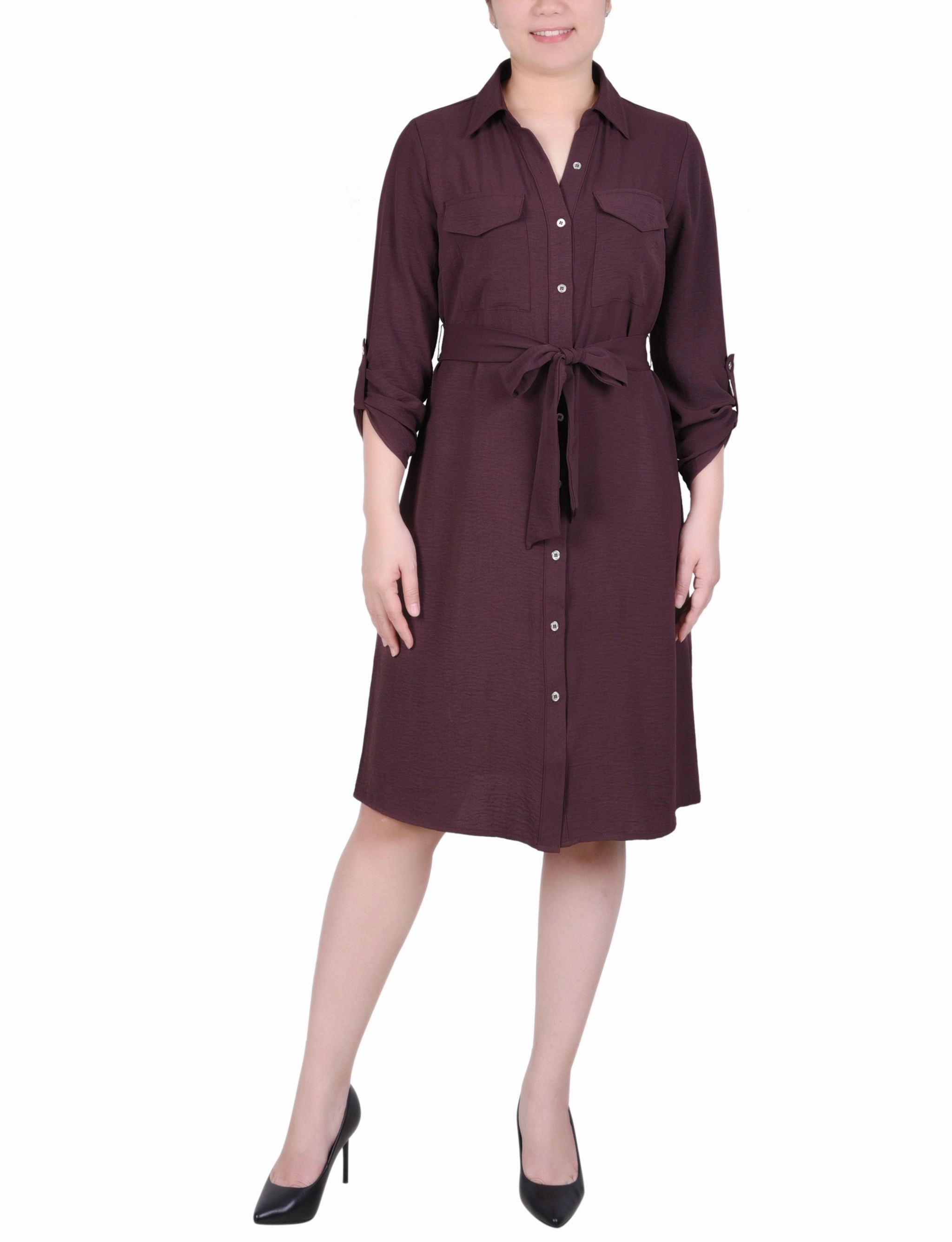 Petite Long Roll Tab Sleeve Shirtdress Soft Wear