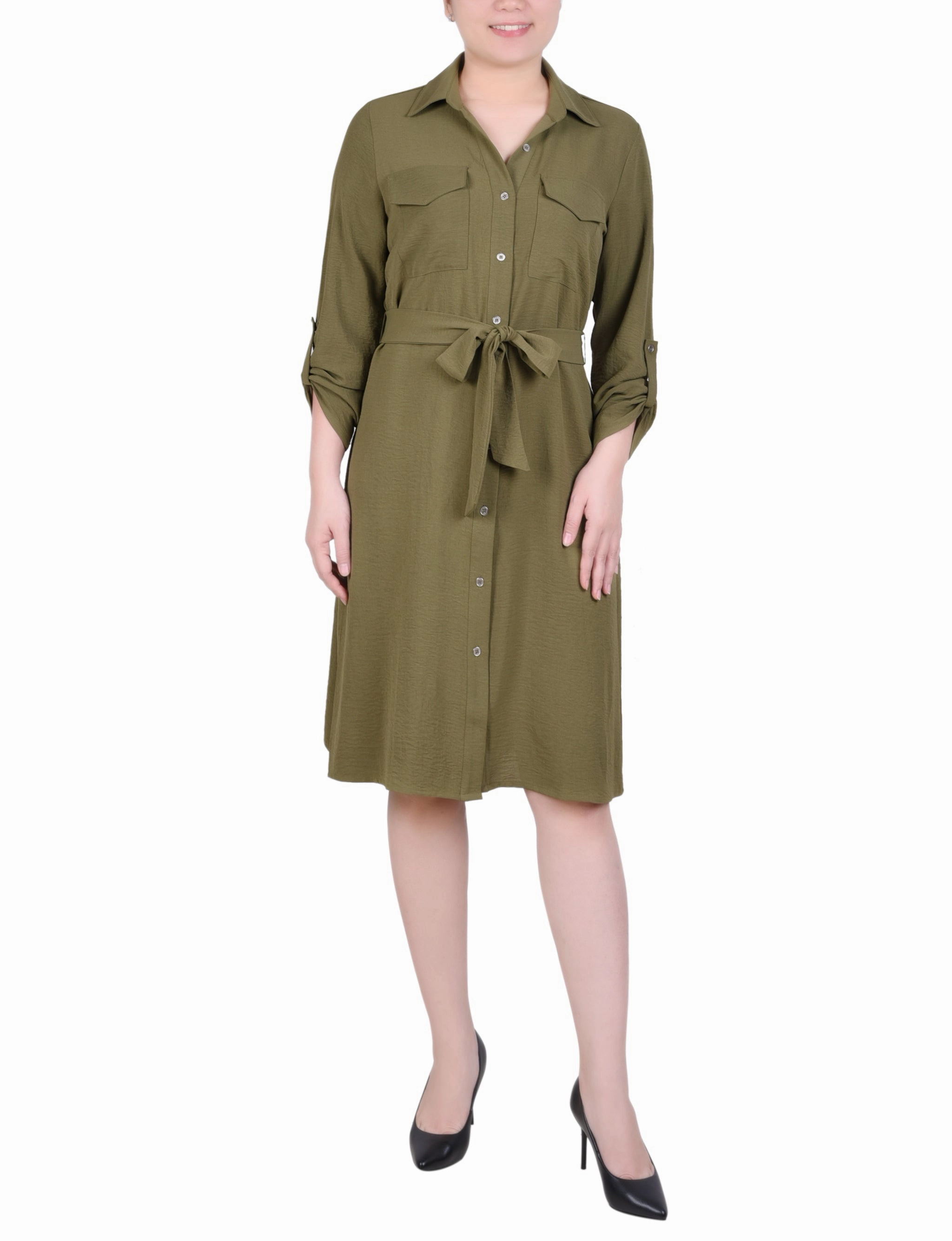 Versatile Edge Skin Hug Petite Long Roll Tab Sleeve Shirtdress