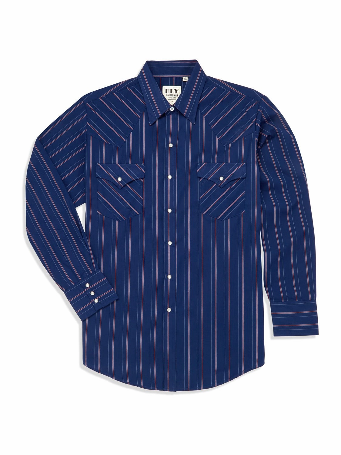 Ely and Walker Mens Striped Snap Navy Poly/Cotton L/S Shirt Tailored Style Sustainable Weave