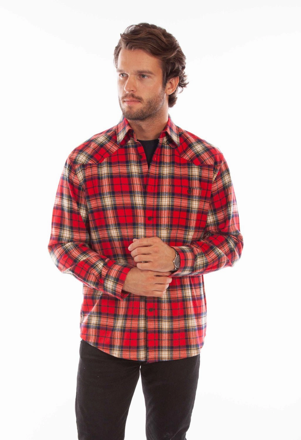 Standalone Option Workwear Style Scully Mens Red 100% Cotton Western Plaid L/S Shirt