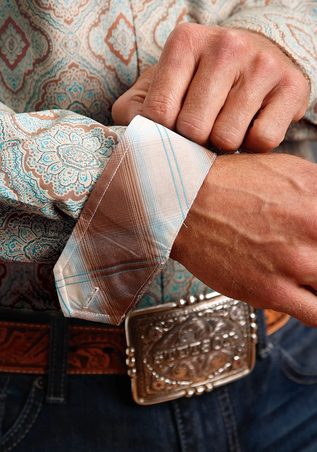 Urban Edge Stetson Mens Aqua Paisley Green 100% Cotton L/S Shirt