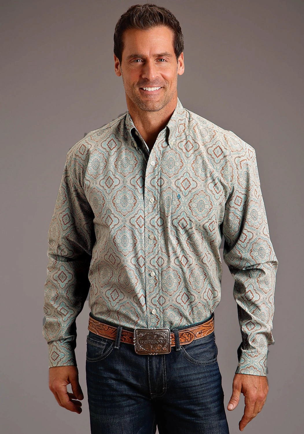 Mature appeal Layering Essential Stetson Mens Aqua Paisley Green 100% Cotton L/S Shirt