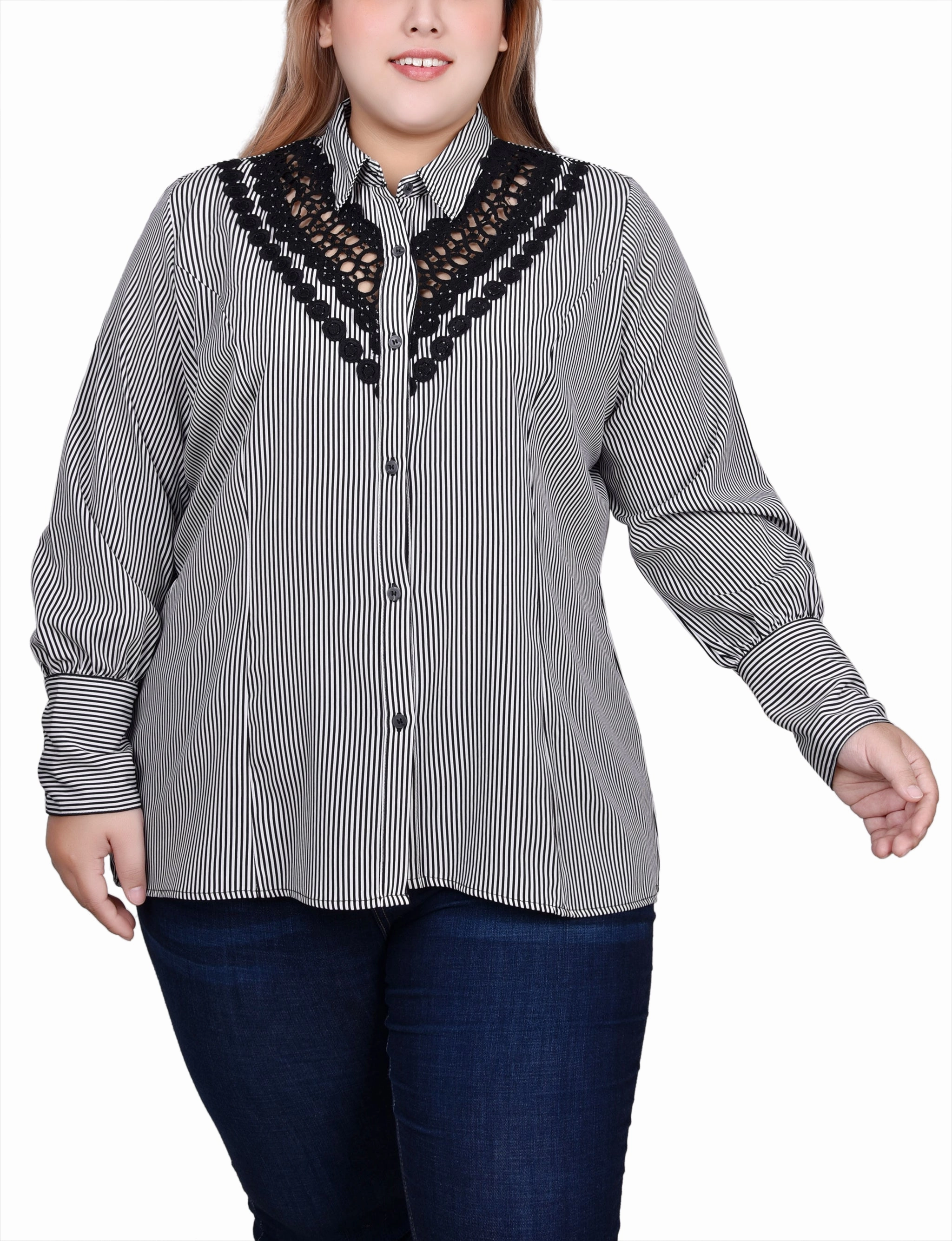 Plus Size Long Sleeve Crochet Trimmed Blouse ConvertibleCollarSystem