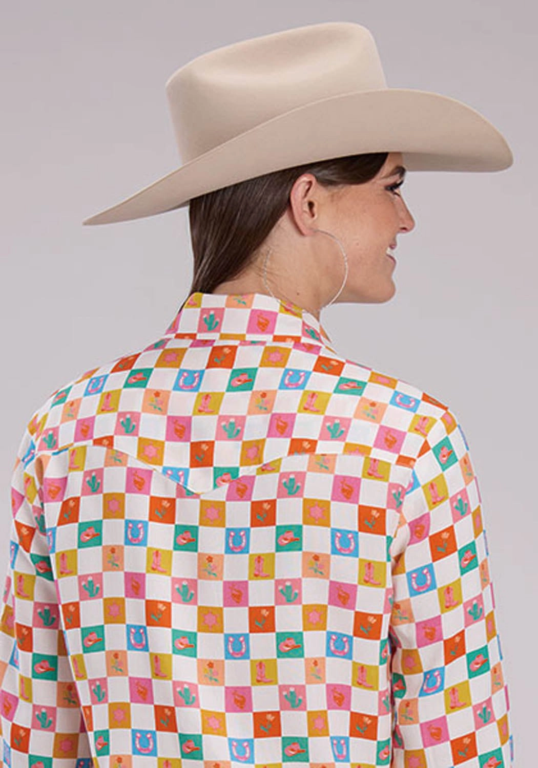 Roper Womens Checker Print Cream 100% Rayon L/S Blouse Autumn Look