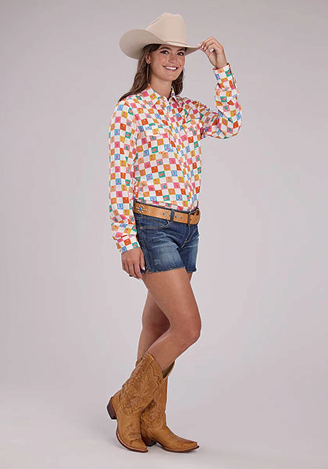 Classic Collar Essential Wardrobe Roper Womens Checker Print Cream 100% Rayon L/S Blouse