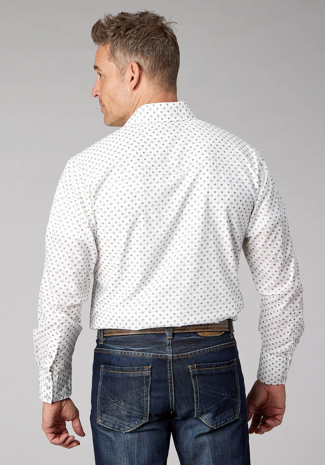 Roper Mens 2065 Mini Floral Cream/Taupe Cotton Blend L/S Shirt Flexible Shoulder Construction