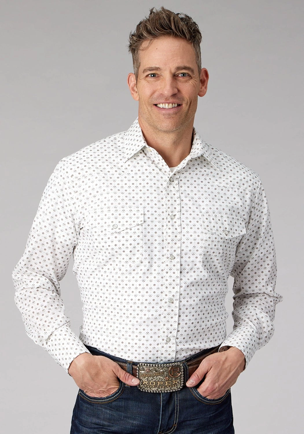 Roper Mens 2065 Mini Floral Cream/Taupe Cotton Blend L/S Shirt Anti Pill Technology