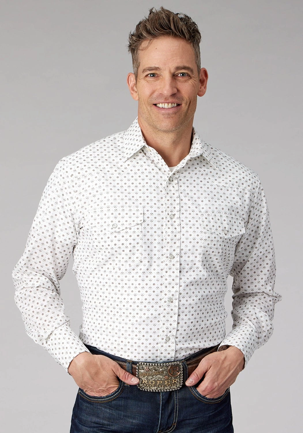 Bold Graphics Roper Mens 2065 Mini Floral Cream/Taupe Cotton Blend L/S Shirt