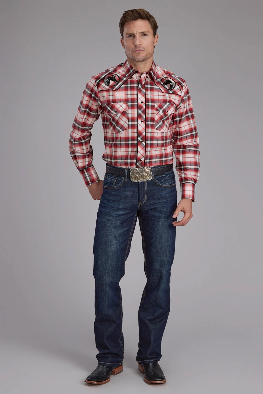 Roper Mens 2408 Plaid Horse Red Cotton Blend L/S Shirt Reinforced Buttonholes