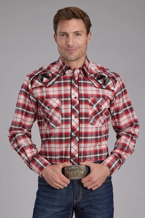 Roper Mens 2408 Plaid Horse Red Cotton Blend L/S Shirt Flexible Shoulder Construction Modern Appeal