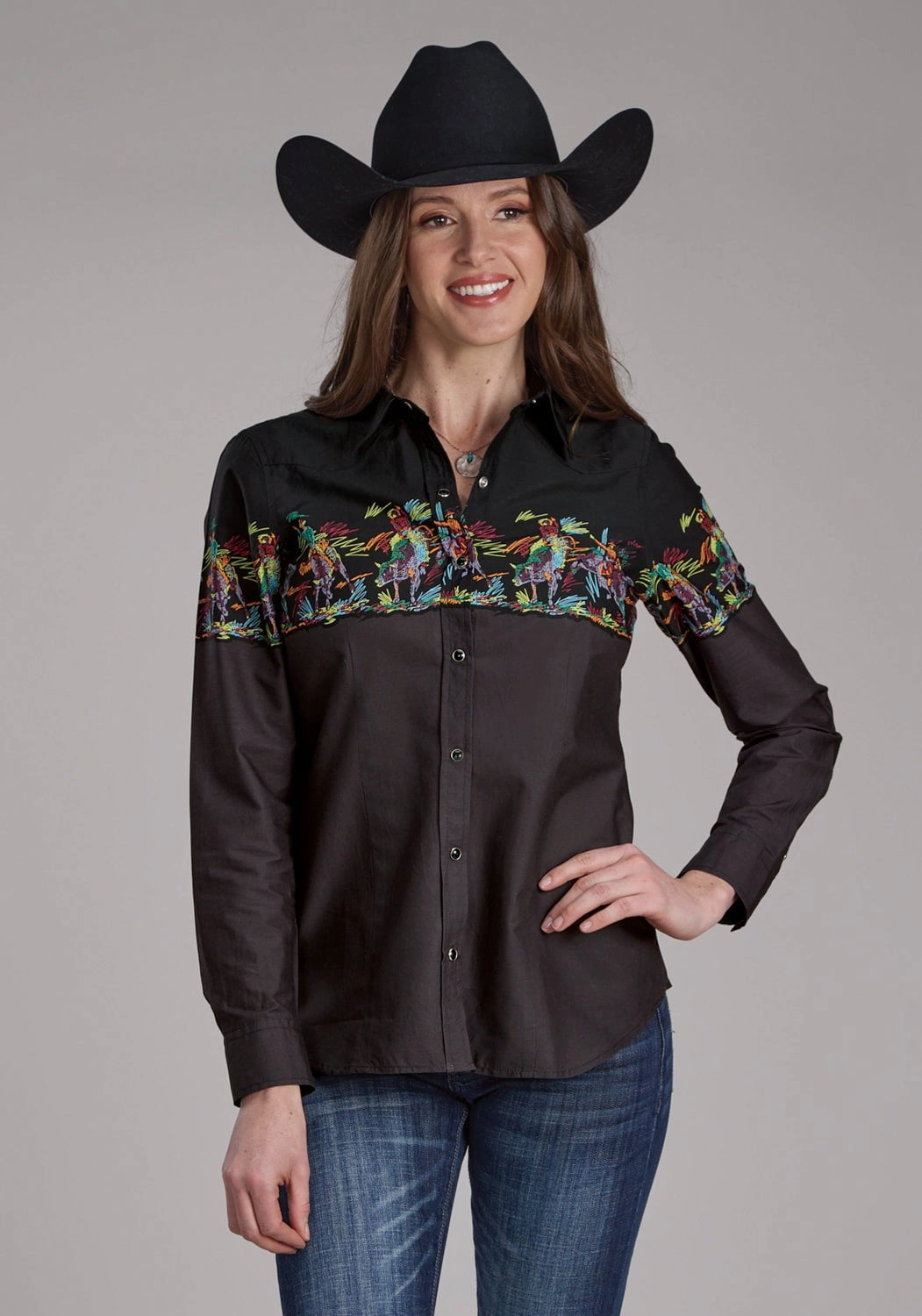 Anniversary Celebration Roper Womens Scribble Bullriders Black 100% Cotton L/S Shirt