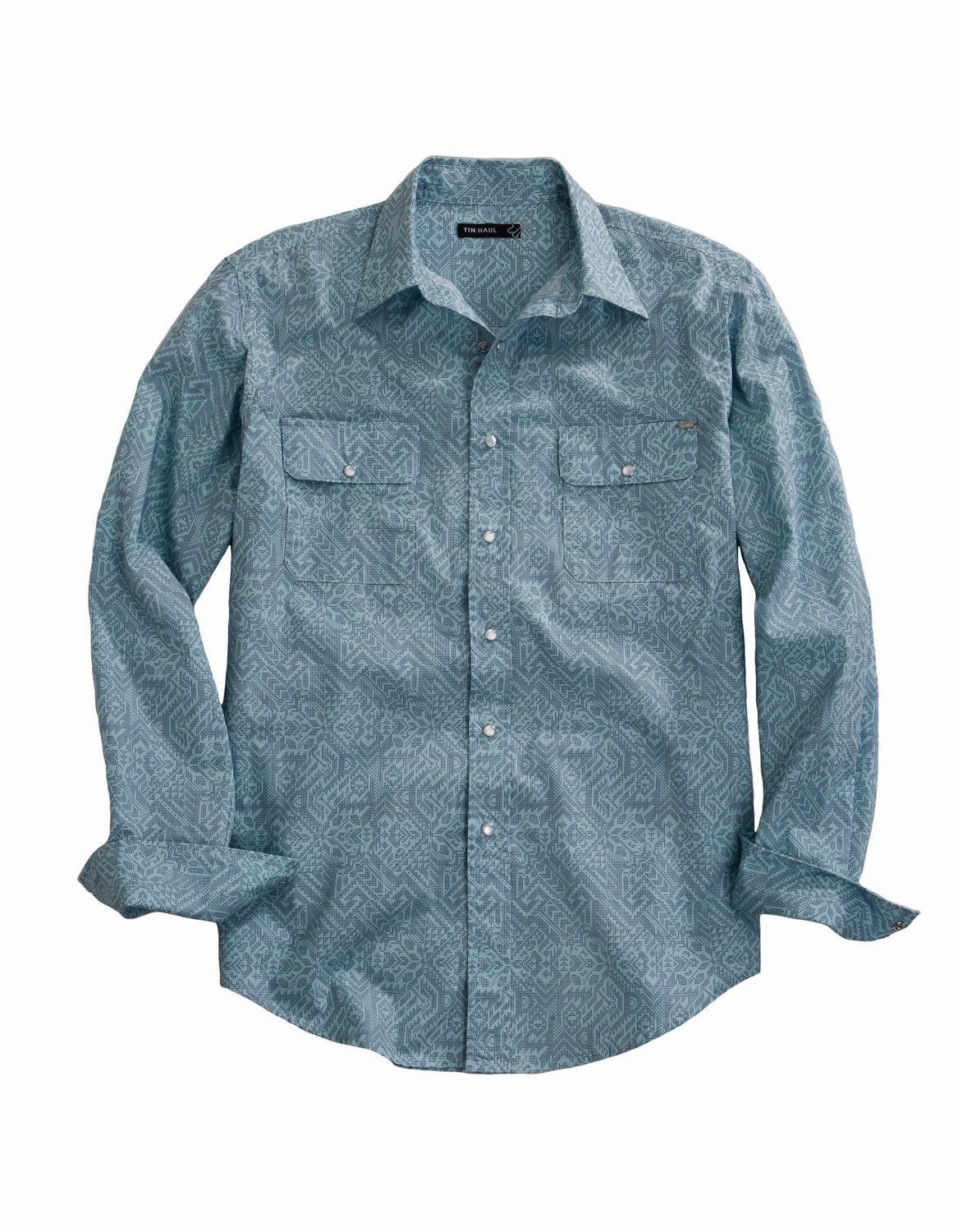Tin Haul Mens Dot Matrix Aztec Blue 100% Cotton L/S Shirt Bamboo Fiber Blend