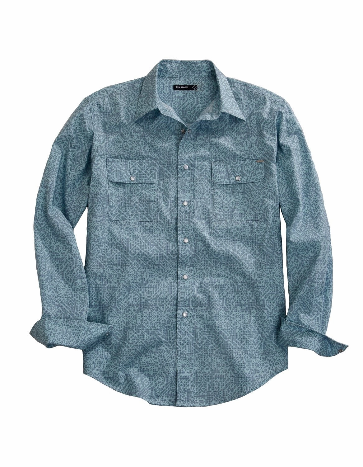Soft Texture Tin Haul Mens Dot Matrix Aztec Blue 100% Cotton L/S Shirt