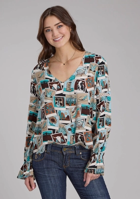 Checkered Style Roper Womens Photo Collage V-Neck Multi-Color 100% Rayon L/S Blouse