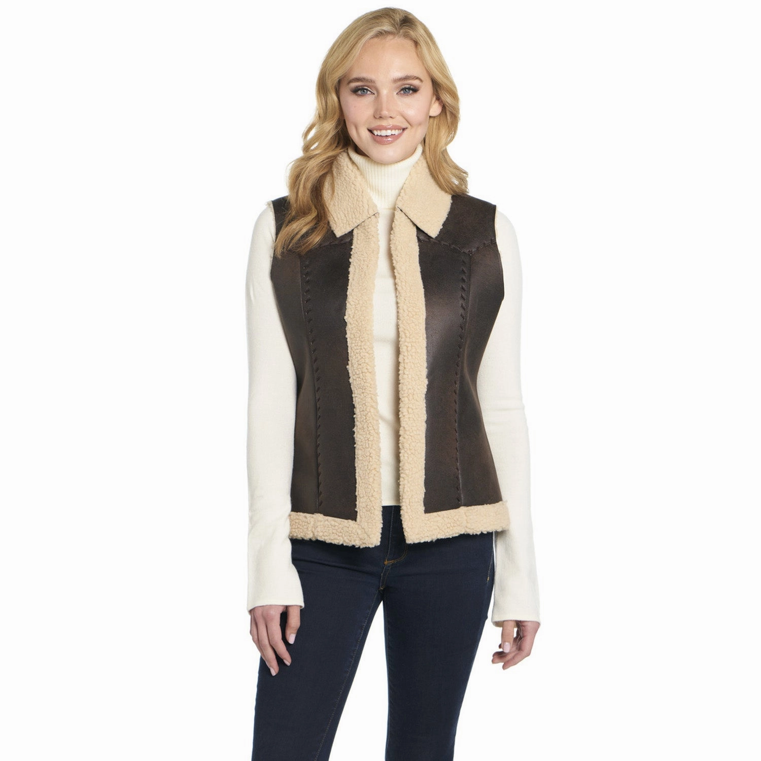 Cripple Creek Womens Open Front Vanilla Bean Faux Shearling Faux Fur Vest Knit Fashion