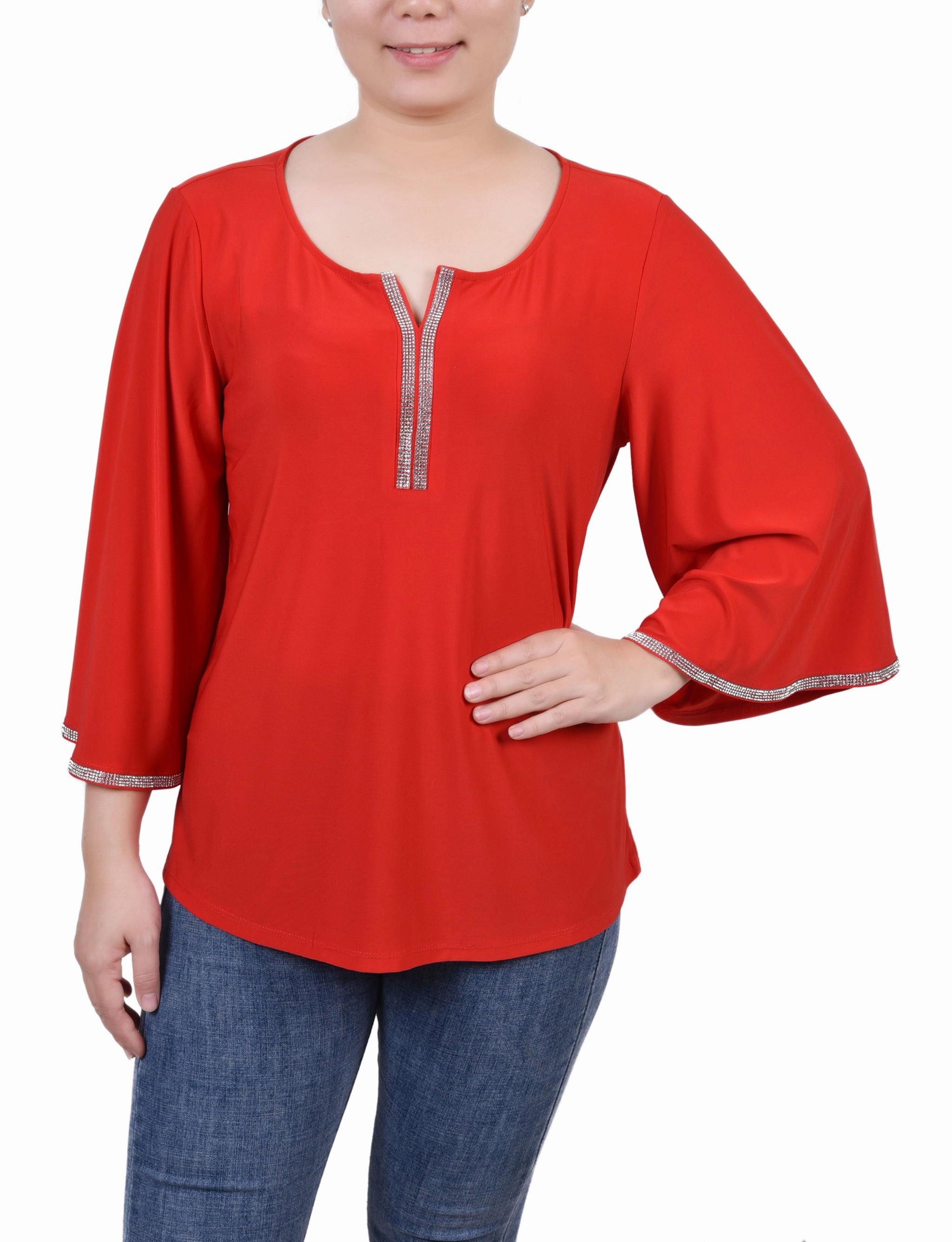 Reinforced Neckline Detail Four Way Stretch 3/4 Bell Sleeve Top With Stones