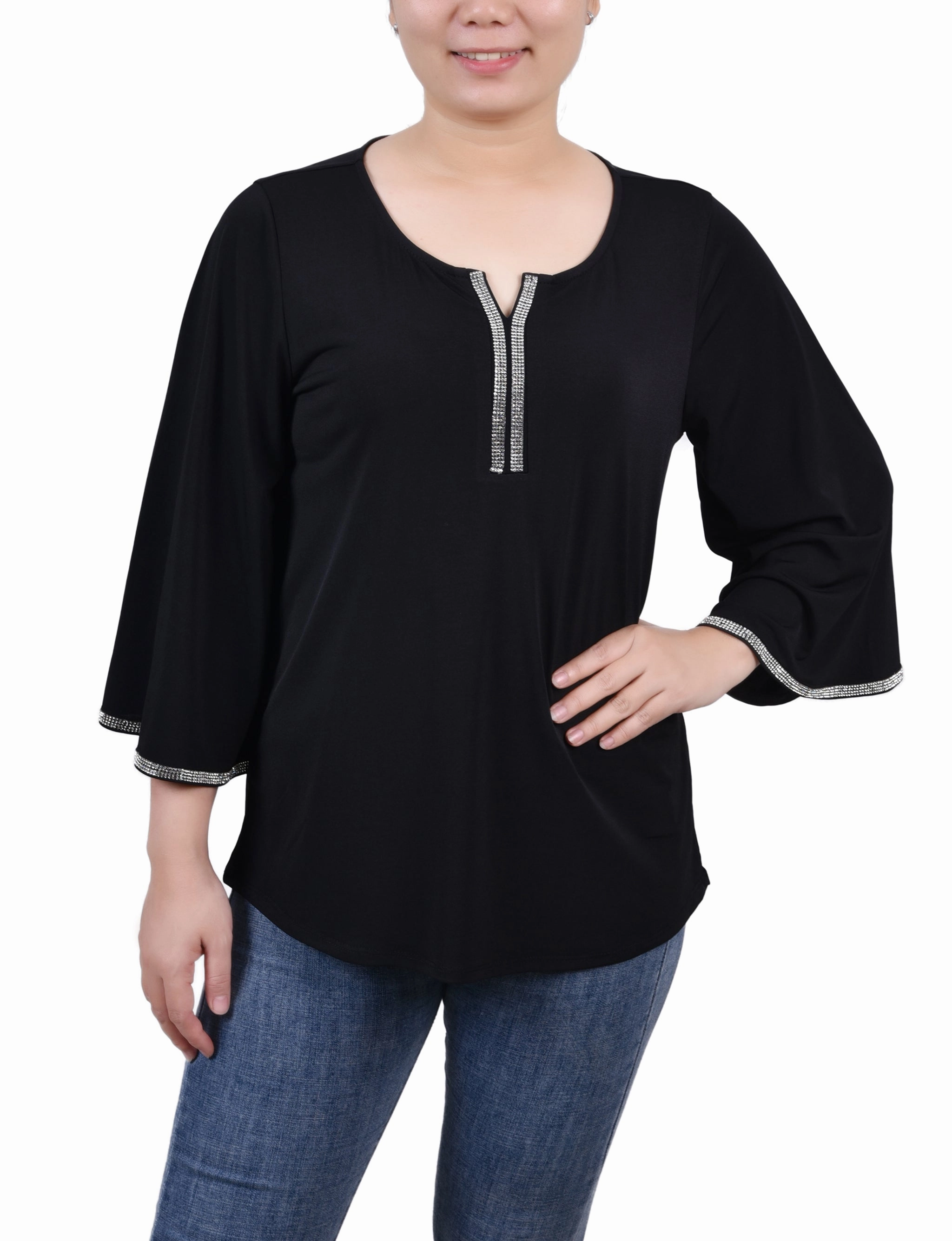 MoistureWickingMaterial Simple Style 3/4 Bell Sleeve Top With Stones