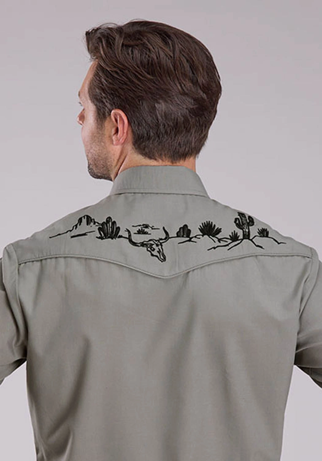 Roper Mens 2475 Longhorn Skull Scene Light Smokey Grey Cotton Blend L/S Shirt Sports Ready