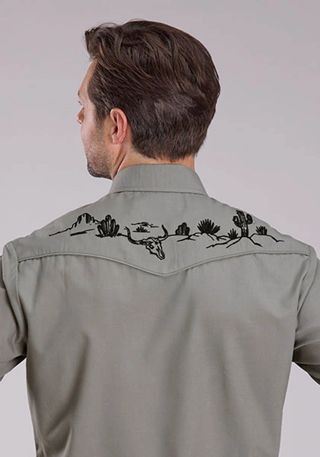 Retro Vibe Roper Mens 2475 Longhorn Skull Scene Light Smokey Grey Cotton Blend L/S Shirt