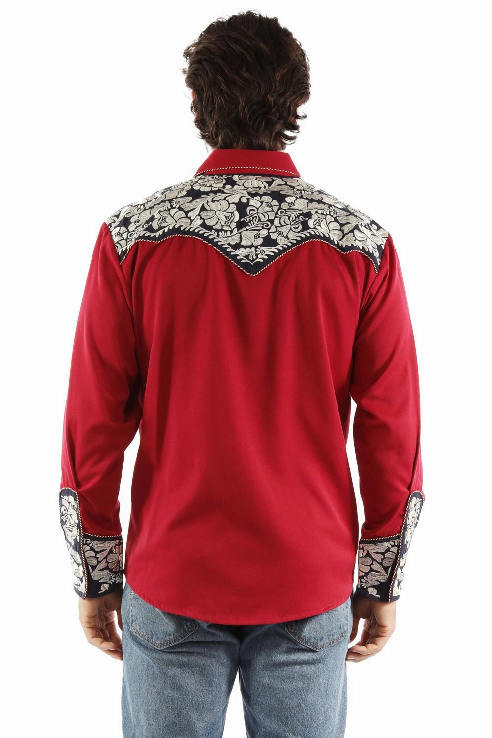 Classic Style Scully Mens Floral Tooled Red/White/Blue Poly/Rayon L/S Shirt