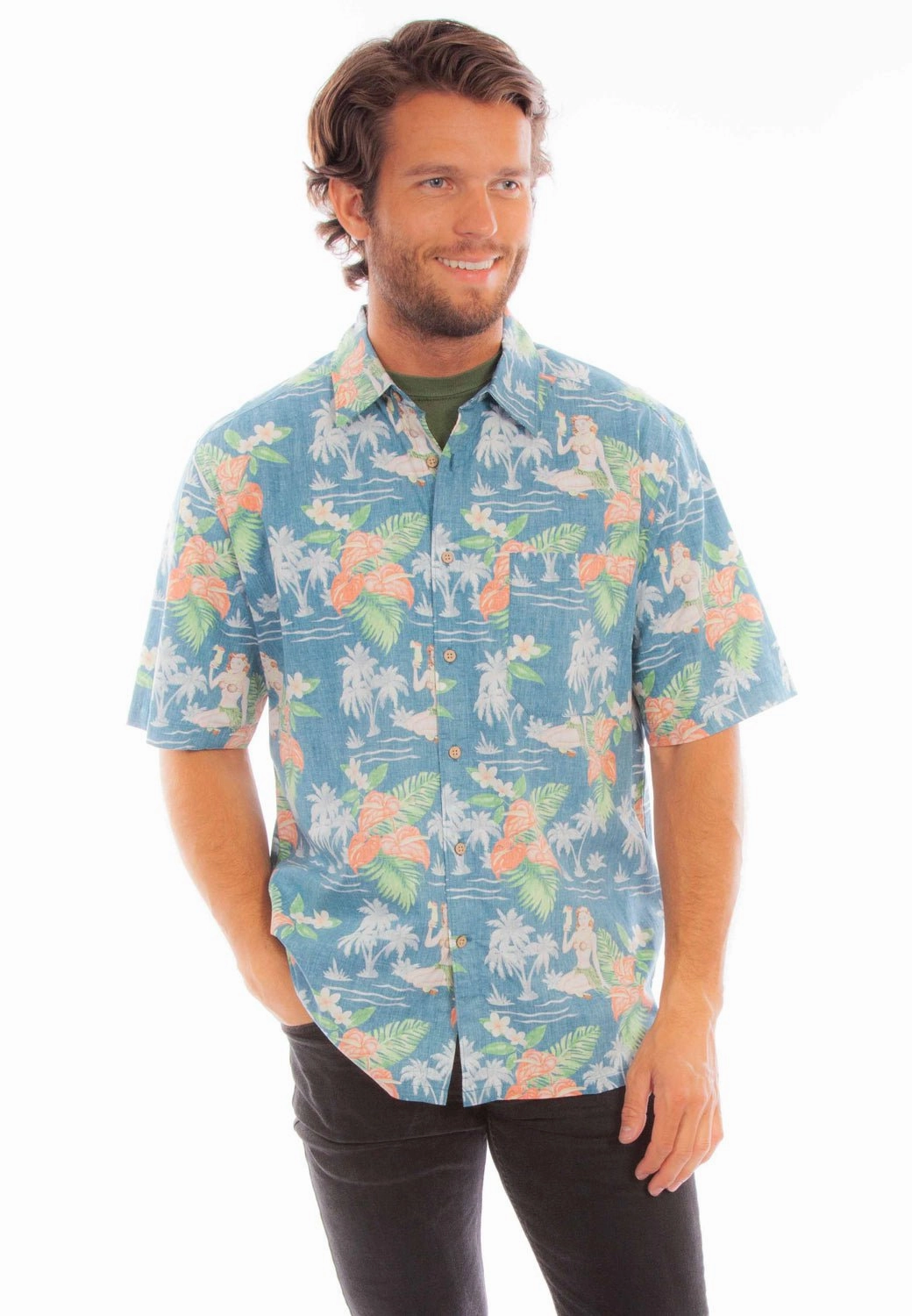 Urban Edge Corporate Event Scully Mens Hawaiian Coconuts Blue 100% Cotton S/S Shirt