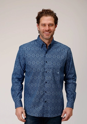 Roper Mens Medallion Paisley Blue 100% Cotton L/S Shirt Non Irritating Tags Trendy Apparel
