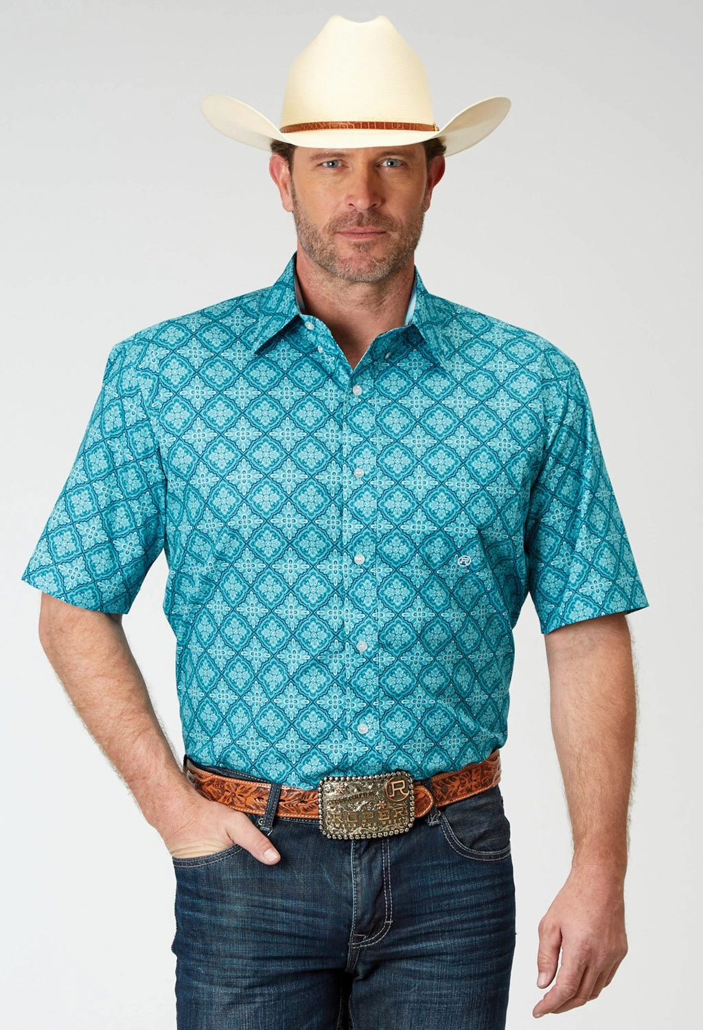 Roper Mens Lake Medallion Blue 100% Cotton S/S Shirt Casual Wear