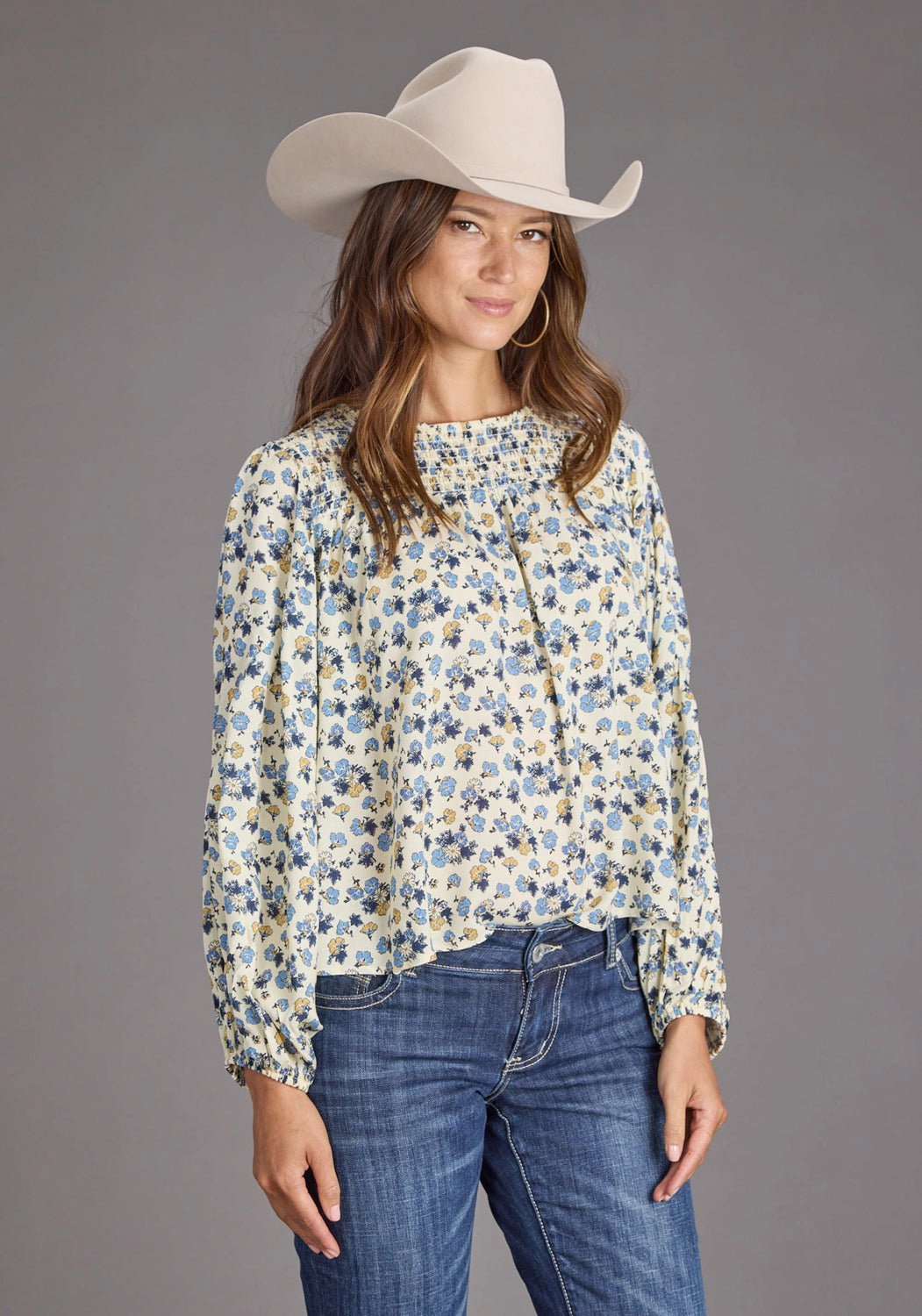 Stetson Womens Field Flower Peasant Blue 100% Rayon L/S Blouse Ergonomic Back Panel Street Style