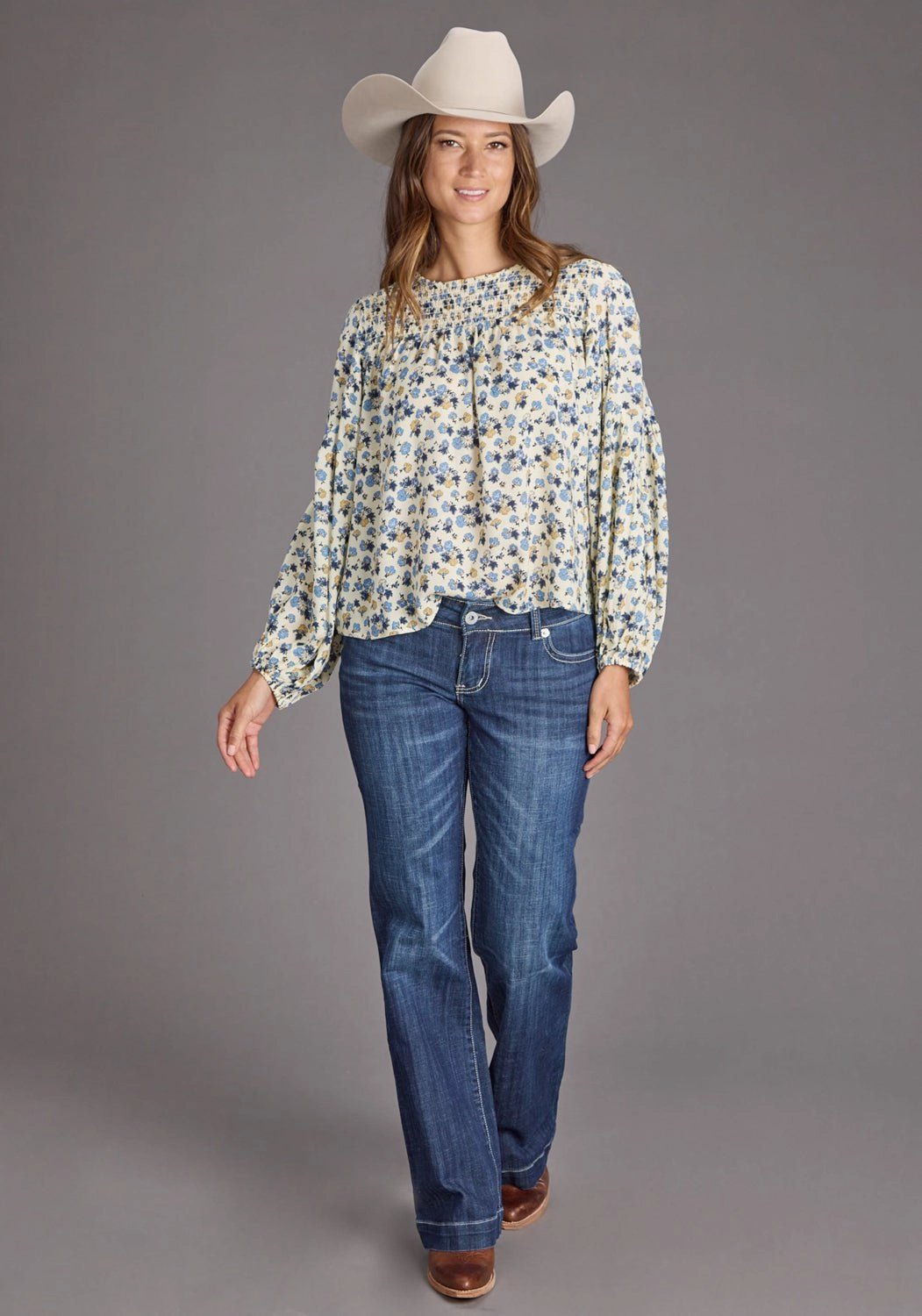 Layering Piece Subtle pattern Stetson Womens Field Flower Peasant Blue 100% Rayon L/S Blouse