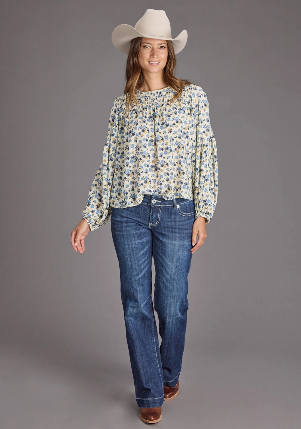 Stetson Womens Field Flower Peasant Blue 100% Rayon L/S Blouse Contemporary Design Year-Round Wear