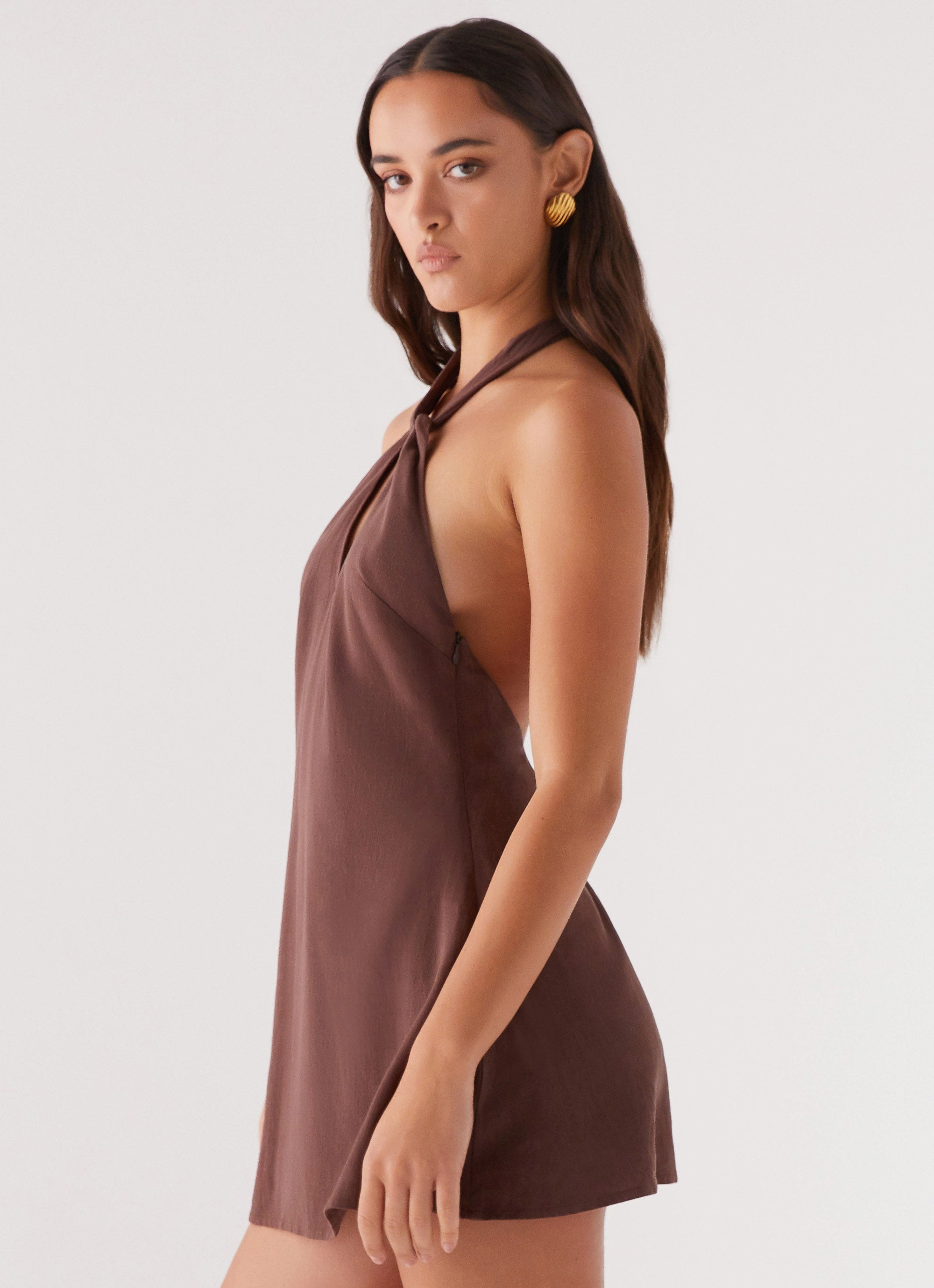 Notch Lapel Counting Stars Linen Halterneck Dress - Chocolate