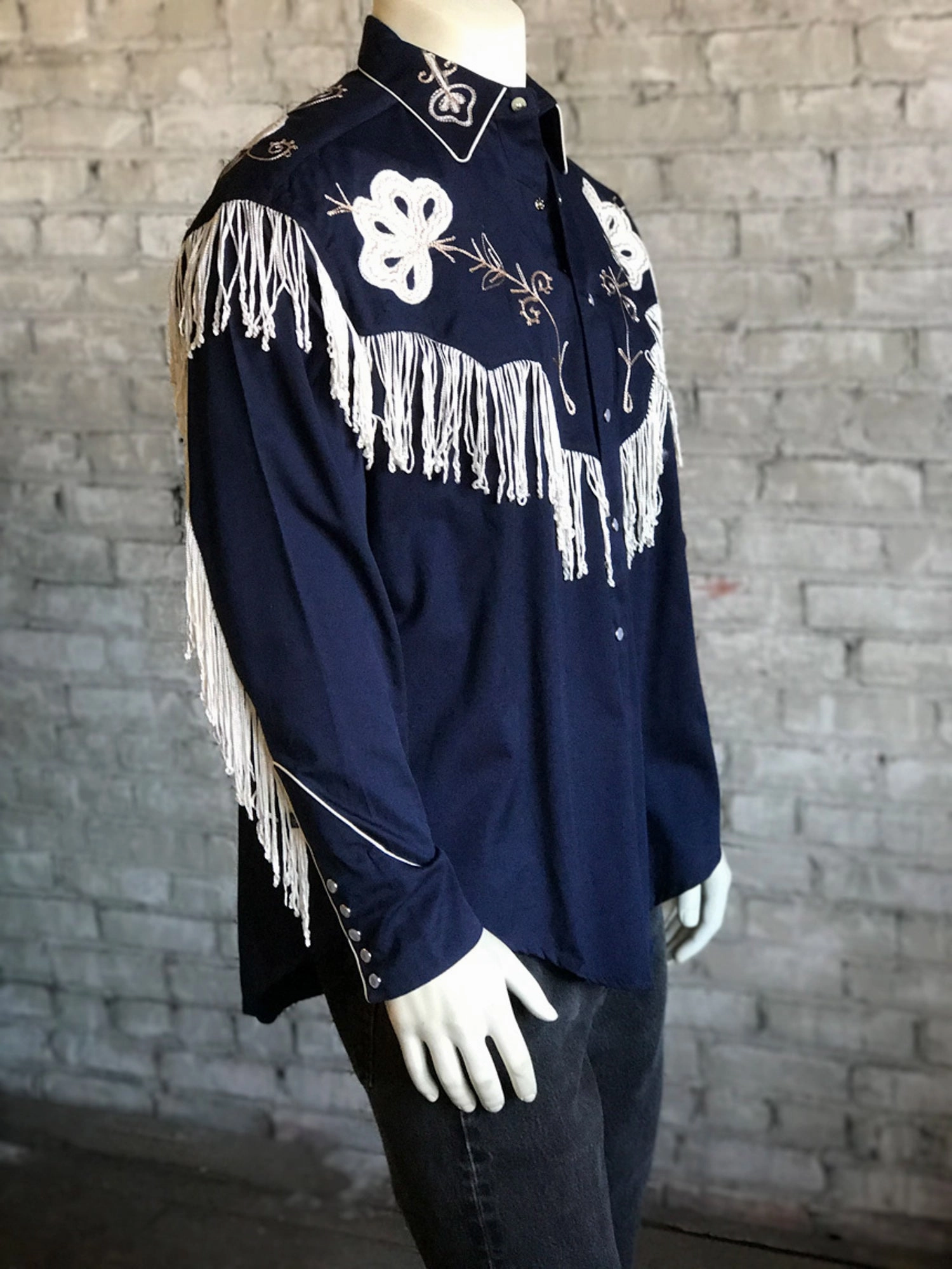 Layering Piece Rockmount Mens Navy 100% Cotton Vintage Fringe Western L/S Shirt