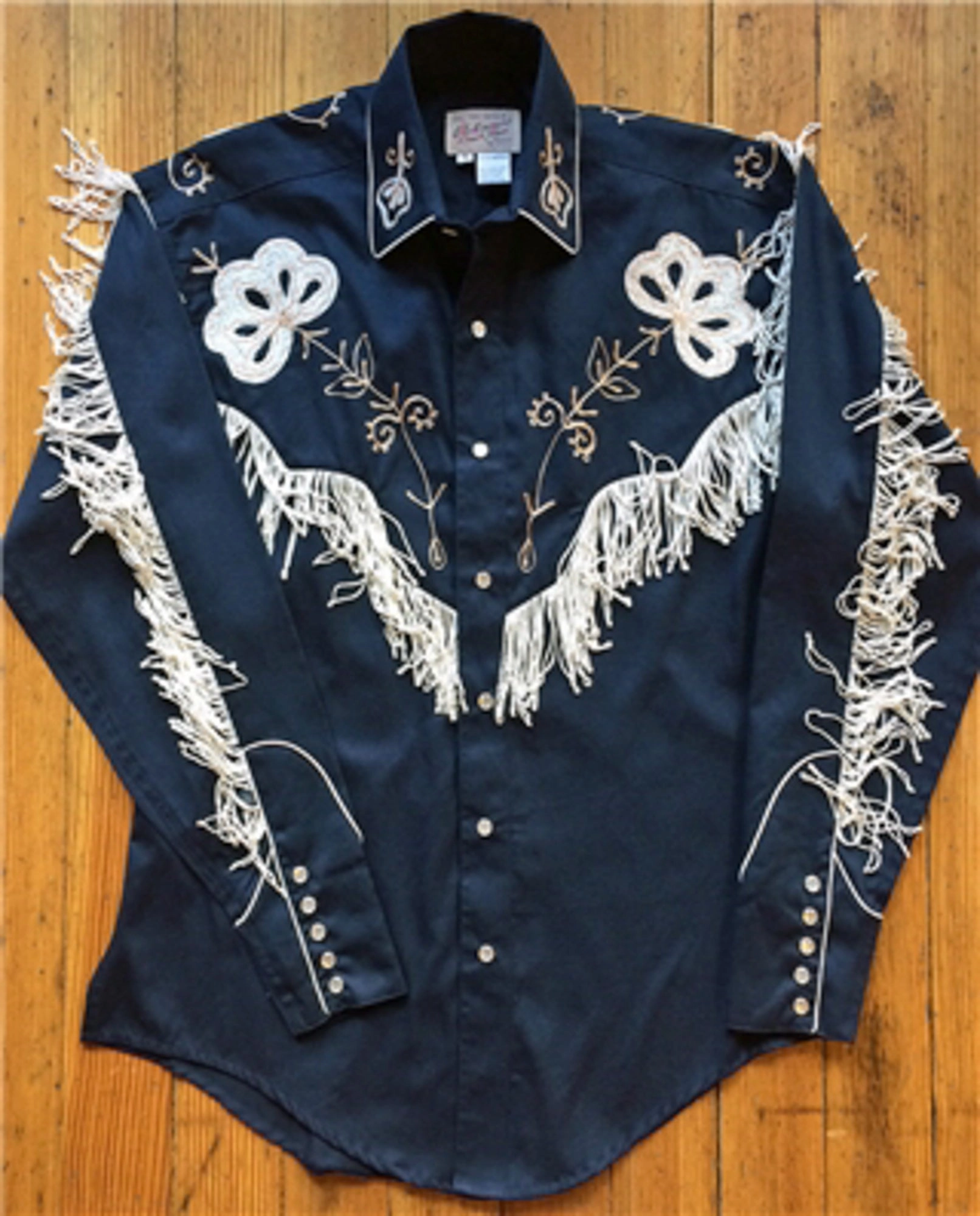 Smooth Stitch Pattern Rockmount Mens Navy 100% Cotton Vintage Fringe Western L/S Shirt