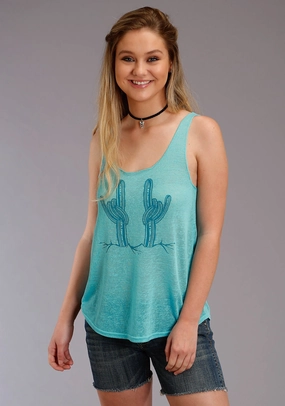 Static Dissipating Fiber Roper Womens Turquoise Polyester Rock On Cactus S/L Tank Top
