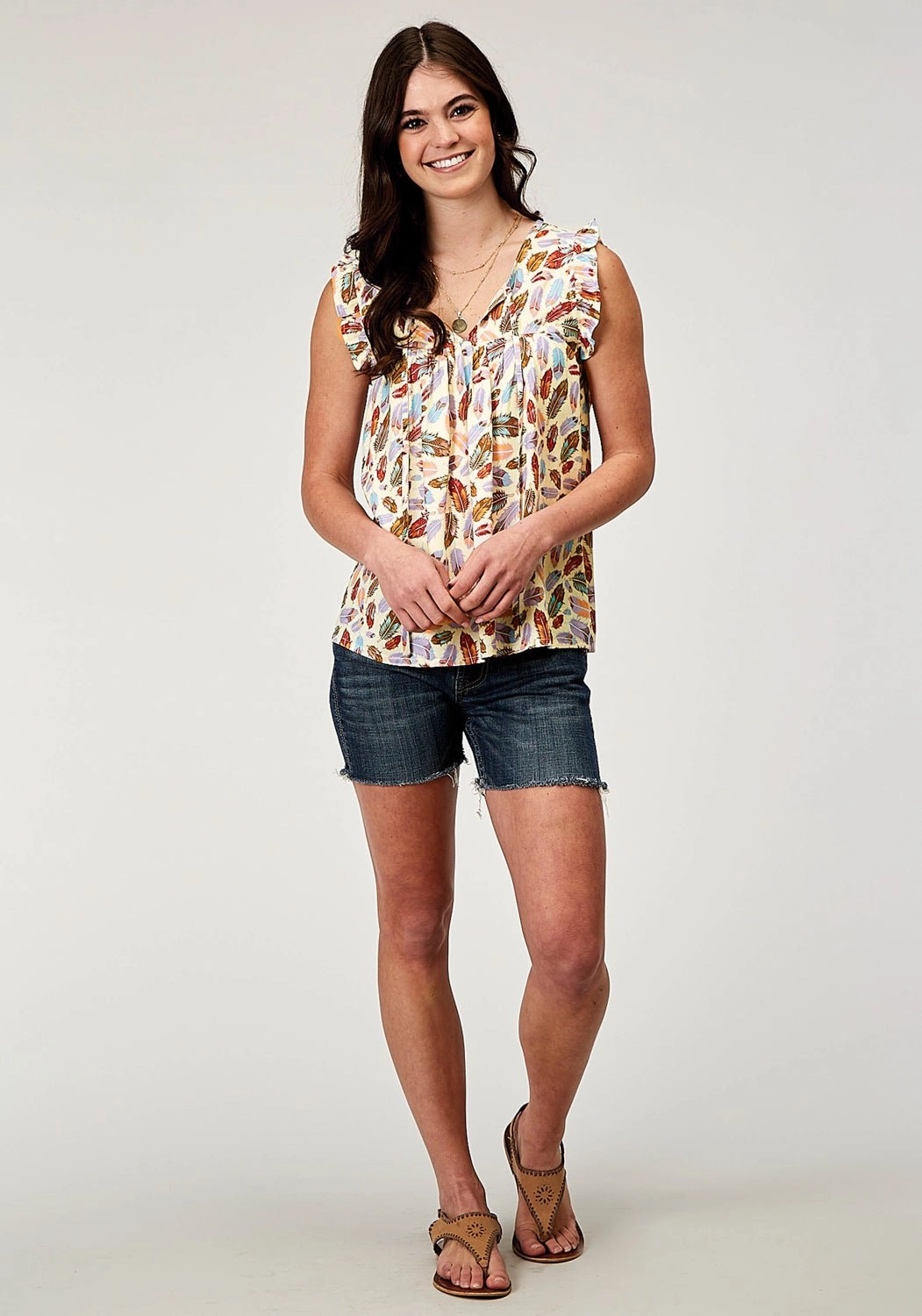 Roper Womens Feather Toss Multi-Color 100% Rayon S/L Blouse Abstract art Casual Comfort