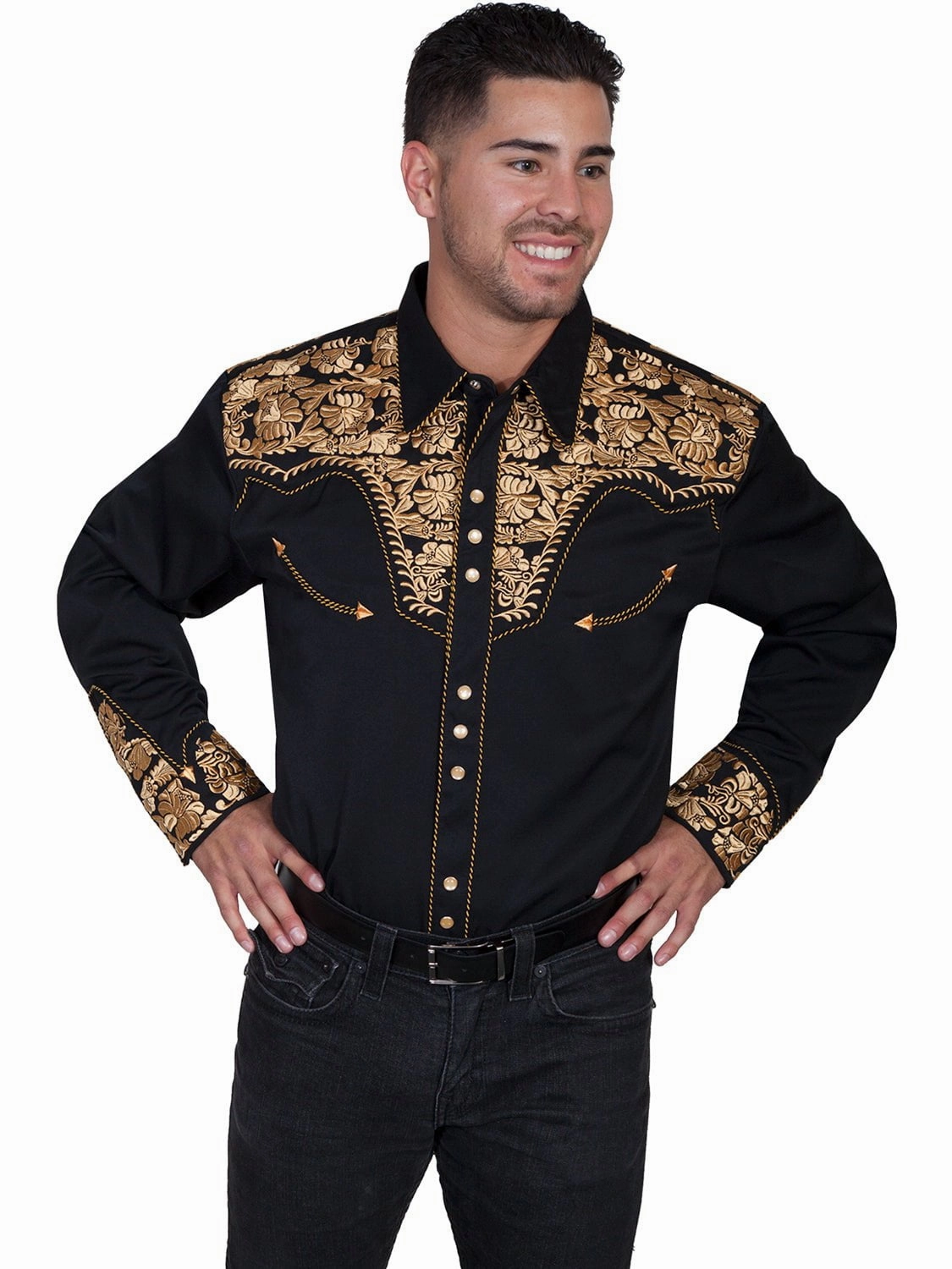 Multipurpose Utility All day wearability Scully Mens Gold Poly/Rayon Tooled Floral L/S Shirt