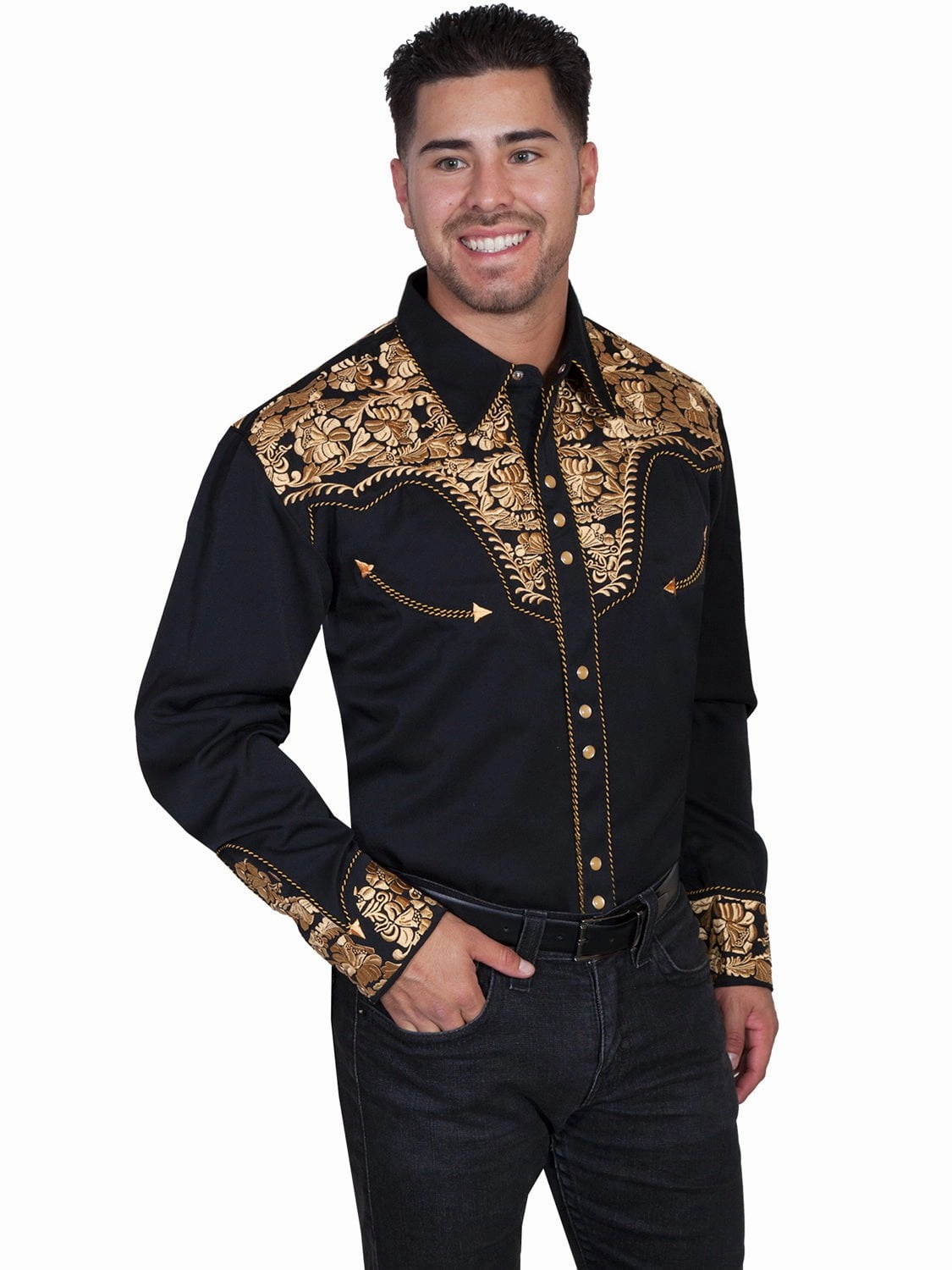 Scully Mens Gold Poly/Rayon Tooled Floral L/S Shirt Errand Ready