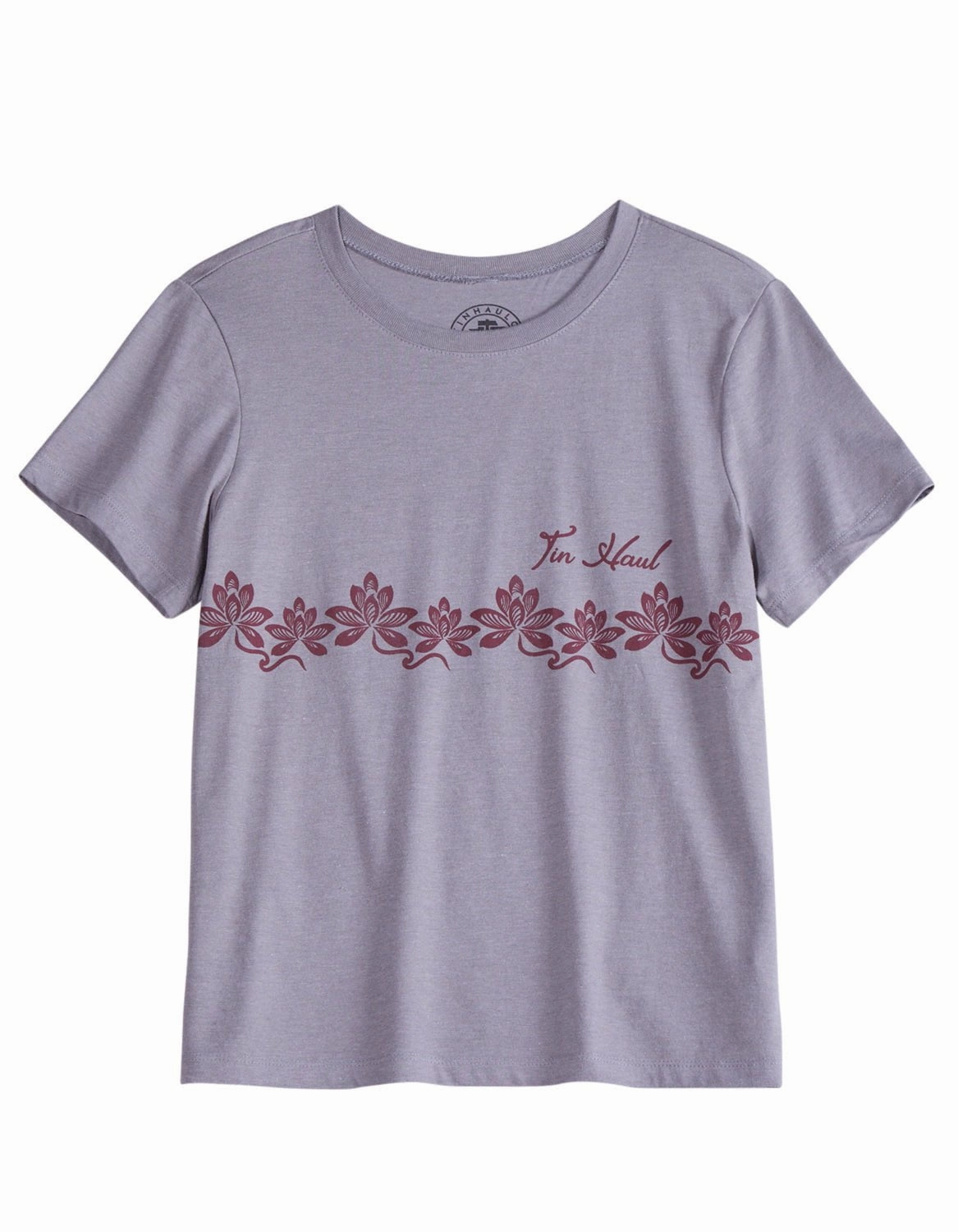 Tin Haul Womens Floral Border Grey Cotton Blend S/S T-Shirt V-Neck