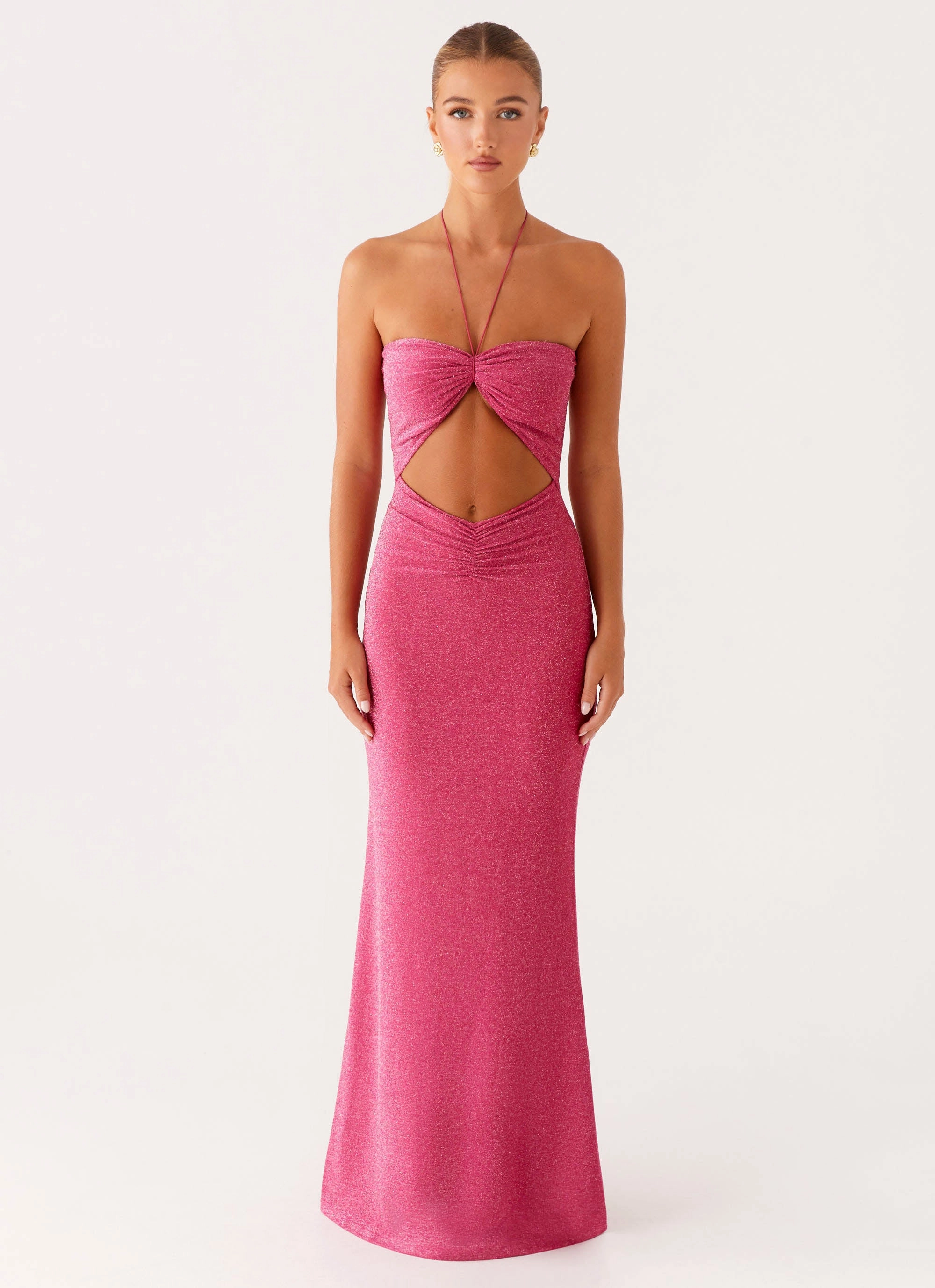 Lorenzo Maxi Dress - Raspberry Semi Fit Gathered-Detail