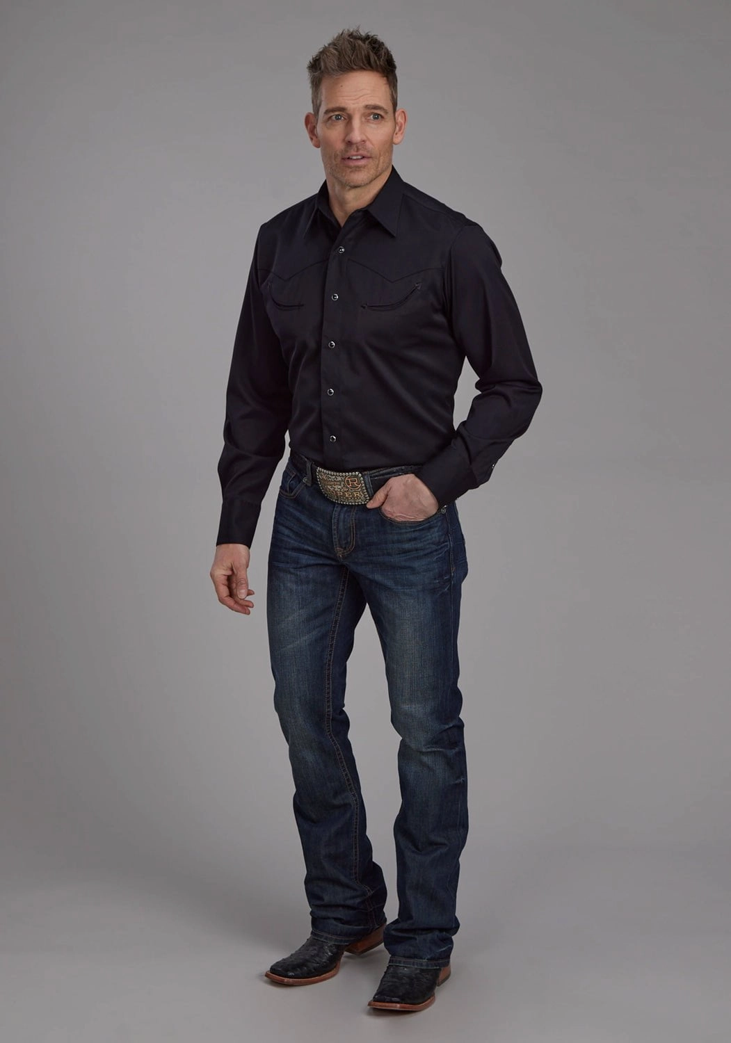 Functional Fashion Roper Mens Flag Longhorn Skull Black Poly/Rayon L/S Shirt